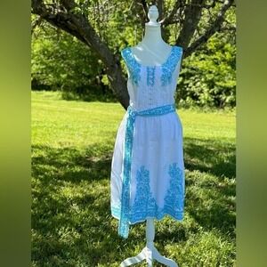 Wayward Fancies Women's‎ Paisley Embroidered Linen Cotton Midi Dress Size 1X